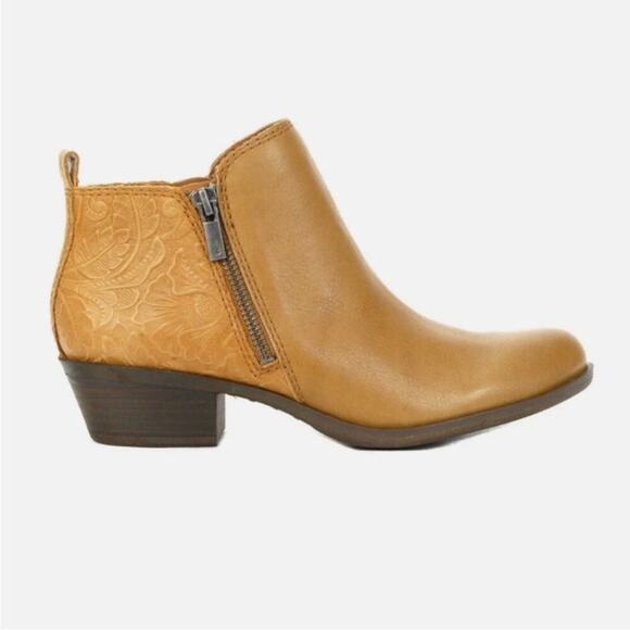 LUCKY BRAND Women's Basel Ankle Booties Caramel New Milled Old English Sz 7.5 - Picture 1 of 10